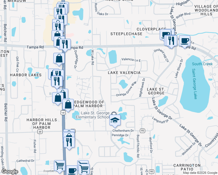 map of restaurants, bars, coffee shops, grocery stores, and more near 4701 Lake Valencia Boulevard West in Palm Harbor
