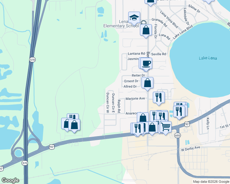 map of restaurants, bars, coffee shops, grocery stores, and more near 607 Duncan Circle East in Auburndale