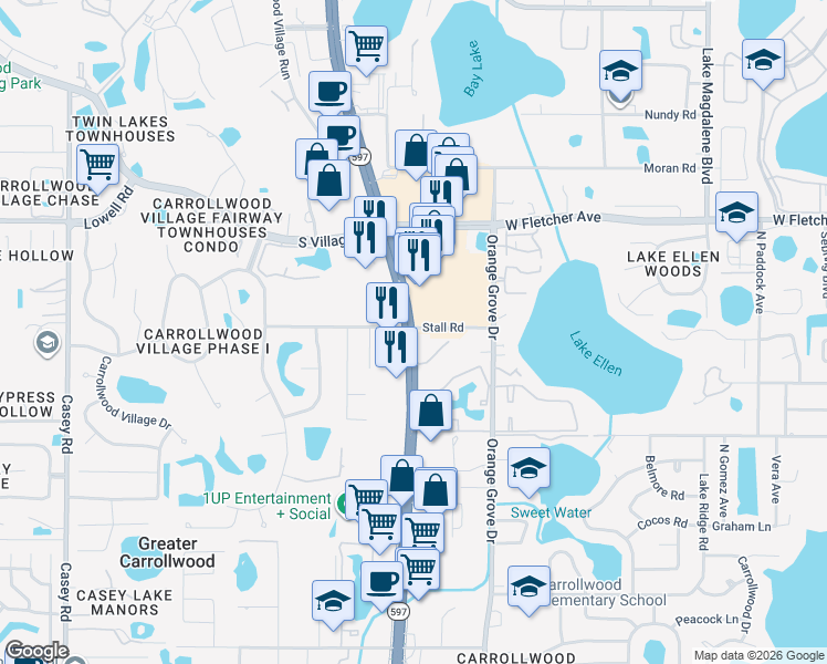 map of restaurants, bars, coffee shops, grocery stores, and more near in Greater Carrollwood
