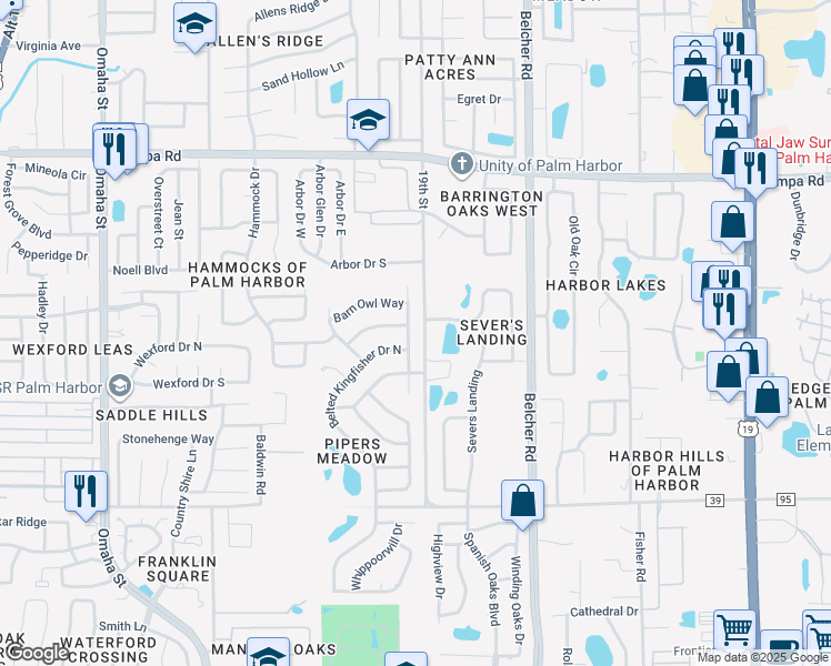 map of restaurants, bars, coffee shops, grocery stores, and more near 493 Pine Warbler Way North in Palm Harbor