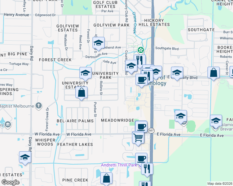map of restaurants, bars, coffee shops, grocery stores, and more near 302 West Rutgers Street in Melbourne