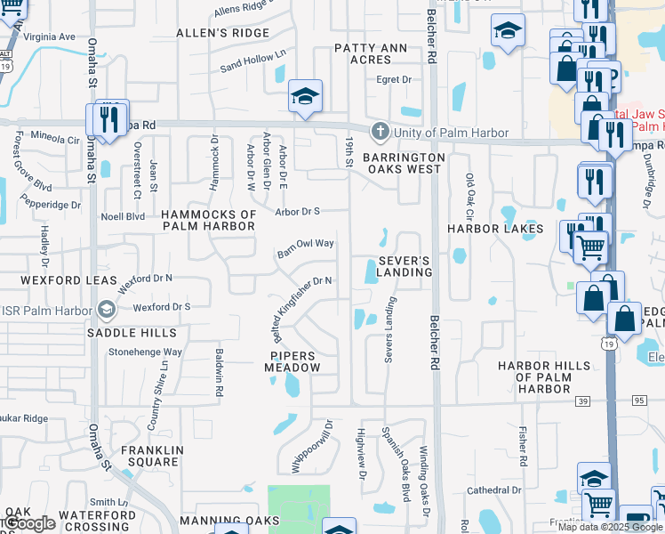 map of restaurants, bars, coffee shops, grocery stores, and more near 493 Pine Warbler Way North in Palm Harbor