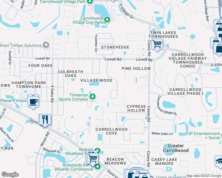 map of restaurants, bars, coffee shops, grocery stores, and more near 12807 Darby Ridge Drive in Tampa