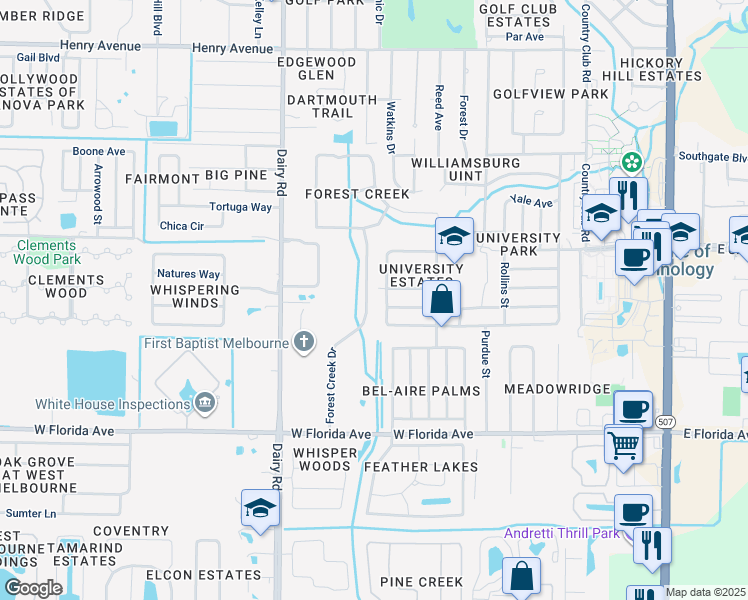 map of restaurants, bars, coffee shops, grocery stores, and more near 3123 Forest Creek Drive in Melbourne