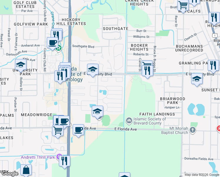 map of restaurants, bars, coffee shops, grocery stores, and more near 3001 North Huntington Avenue in Melbourne