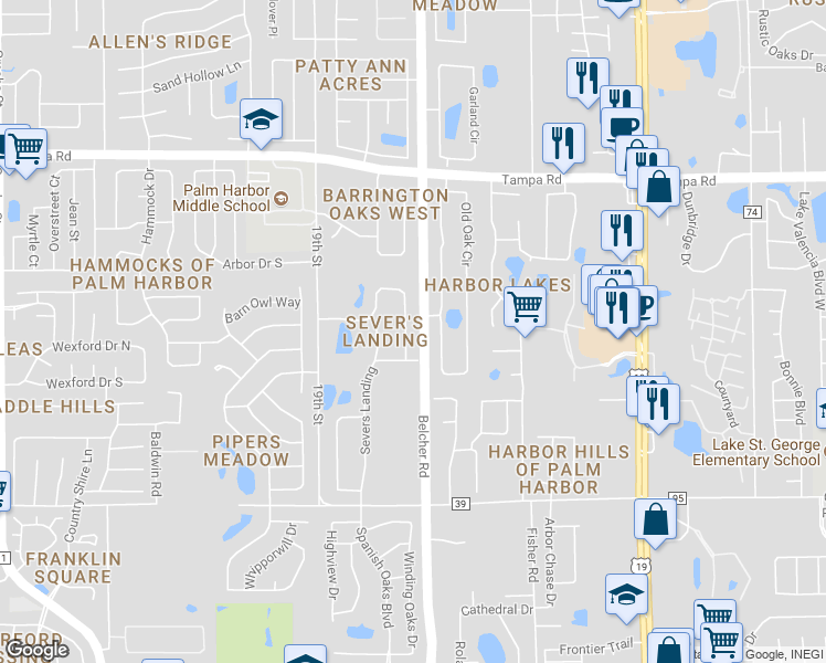 map of restaurants, bars, coffee shops, grocery stores, and more near 2089 Swan Lane in Palm Harbor