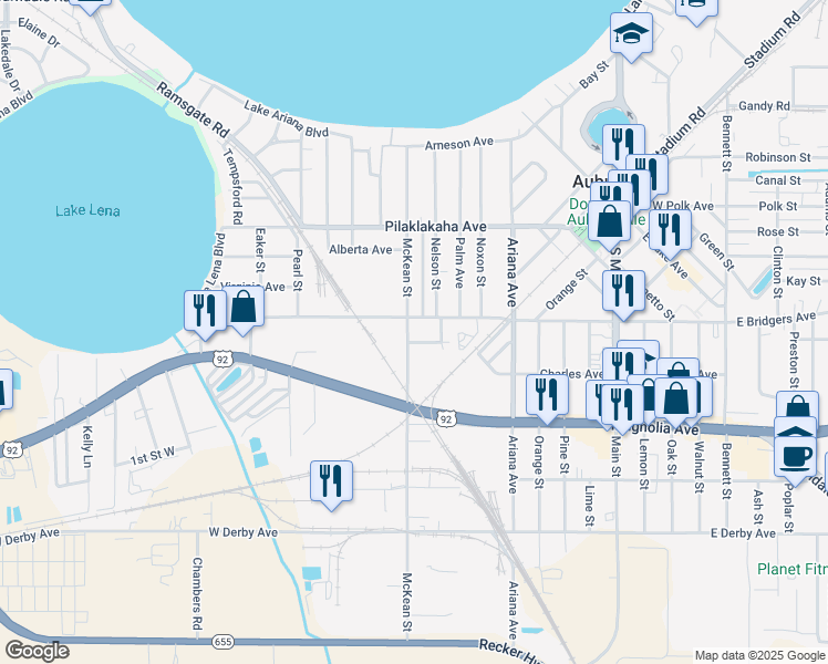 map of restaurants, bars, coffee shops, grocery stores, and more near 303 McKean Street in Auburndale