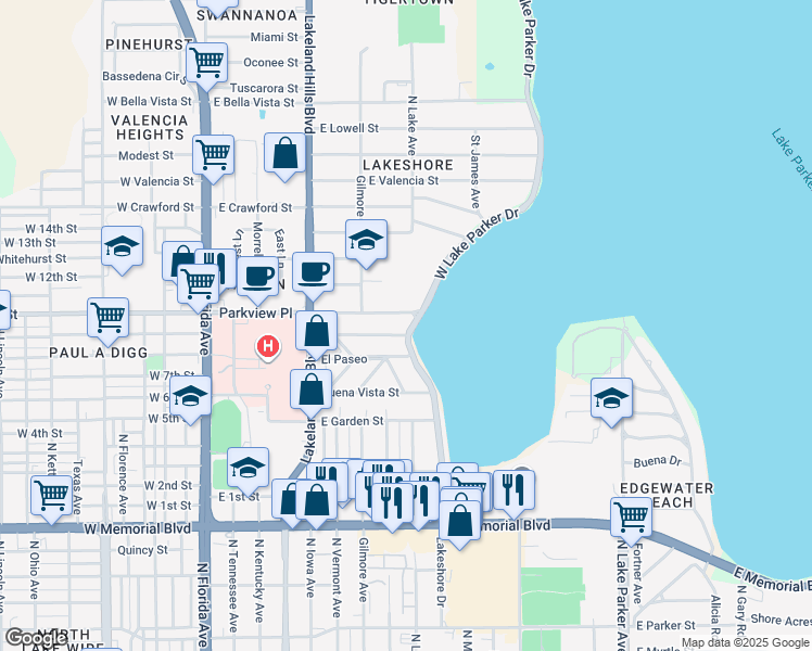 map of restaurants, bars, coffee shops, grocery stores, and more near 1330 West Lake Parker Drive in Lakeland