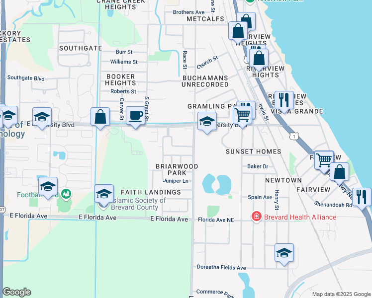 map of restaurants, bars, coffee shops, grocery stores, and more near 909 Juanita Circle in Melbourne