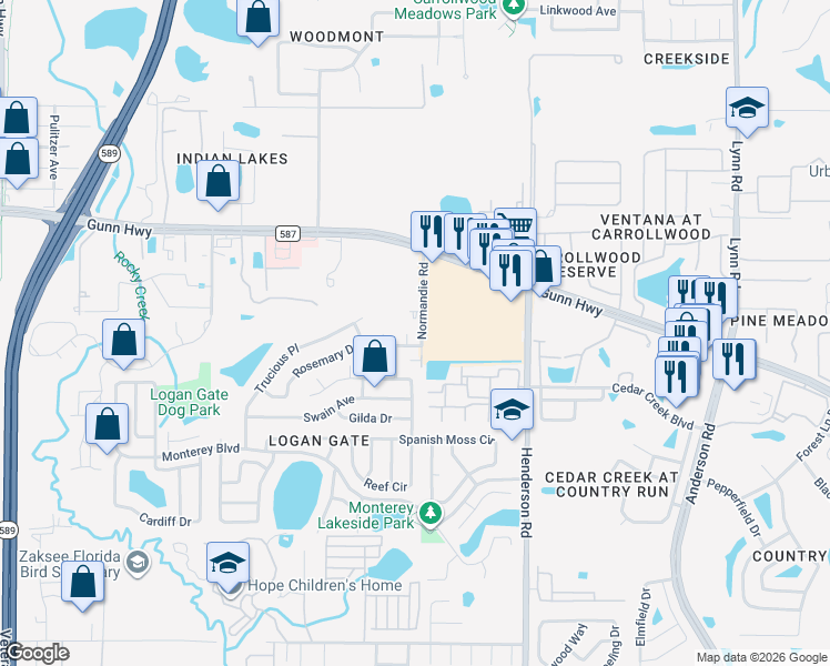 map of restaurants, bars, coffee shops, grocery stores, and more near 12803 Pota Place in Tampa