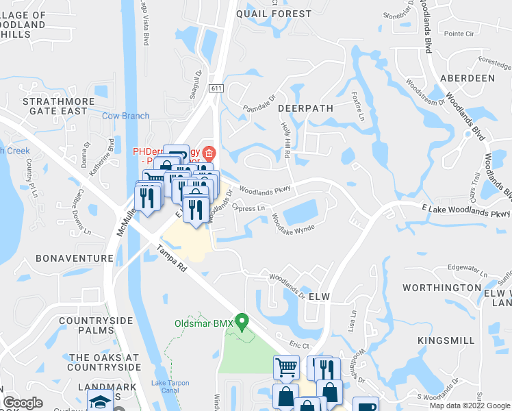 map of restaurants, bars, coffee shops, grocery stores, and more near 130 East Cypress Court in Oldsmar