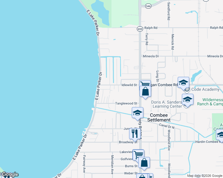 map of restaurants, bars, coffee shops, grocery stores, and more near 2409 Idlewild Street in Lakeland