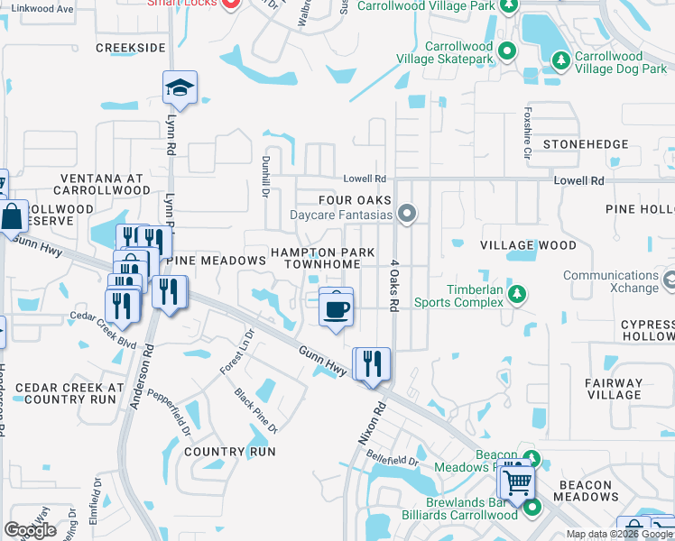 map of restaurants, bars, coffee shops, grocery stores, and more near 12602 Castle Hill Drive in Tampa