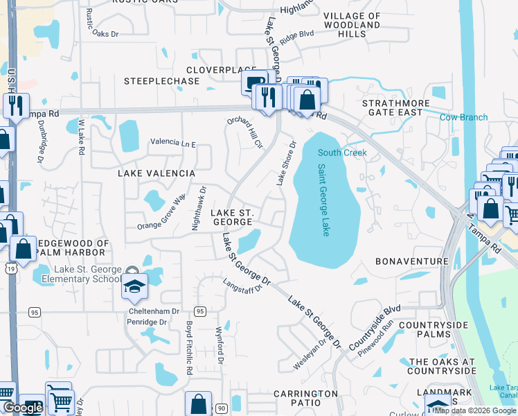 map of restaurants, bars, coffee shops, grocery stores, and more near 2809 Northcote Drive in Palm Harbor
