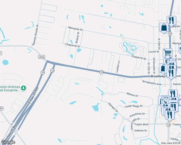 map of restaurants, bars, coffee shops, grocery stores, and more near 1902 Farm to Market Road 3036 in Rockport