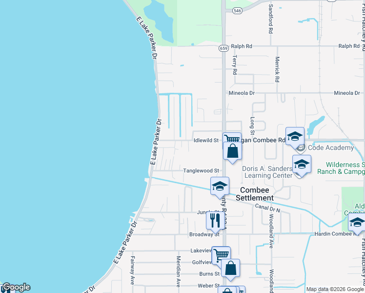 map of restaurants, bars, coffee shops, grocery stores, and more near 2409 Idlewild Street in Lakeland