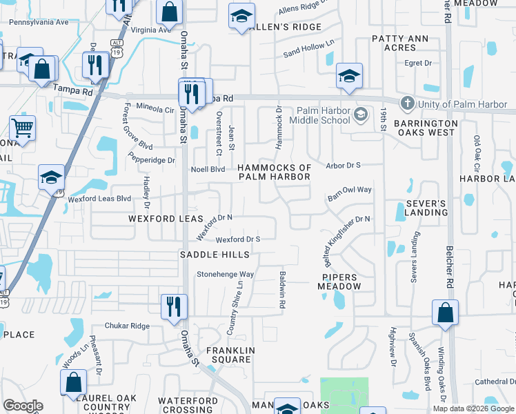 map of restaurants, bars, coffee shops, grocery stores, and more near 487 Westford Circle in Palm Harbor