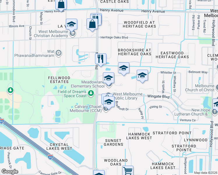 map of restaurants, bars, coffee shops, grocery stores, and more near 2830 Wingate Boulevard in West Melbourne