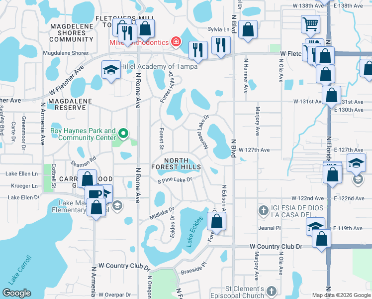 map of restaurants, bars, coffee shops, grocery stores, and more near 12702 Summit Street in Tampa