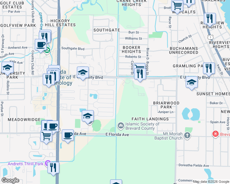 map of restaurants, bars, coffee shops, grocery stores, and more near 3125 Wiley Avenue in Melbourne
