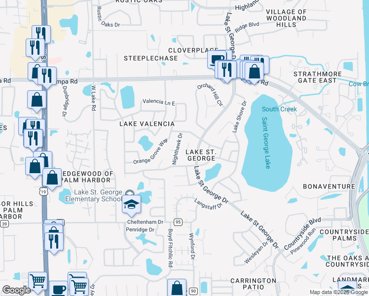 map of restaurants, bars, coffee shops, grocery stores, and more near 3860 Berkshire Ct in Palm Harbor