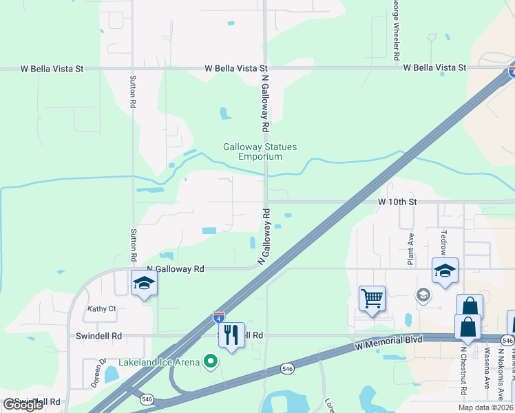map of restaurants, bars, coffee shops, grocery stores, and more near 1342 North Galloway Road in Lakeland