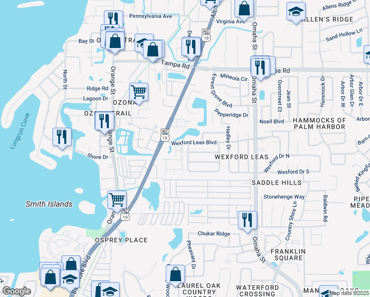 map of restaurants, bars, coffee shops, grocery stores, and more near 436 Thanington Close in Palm Harbor