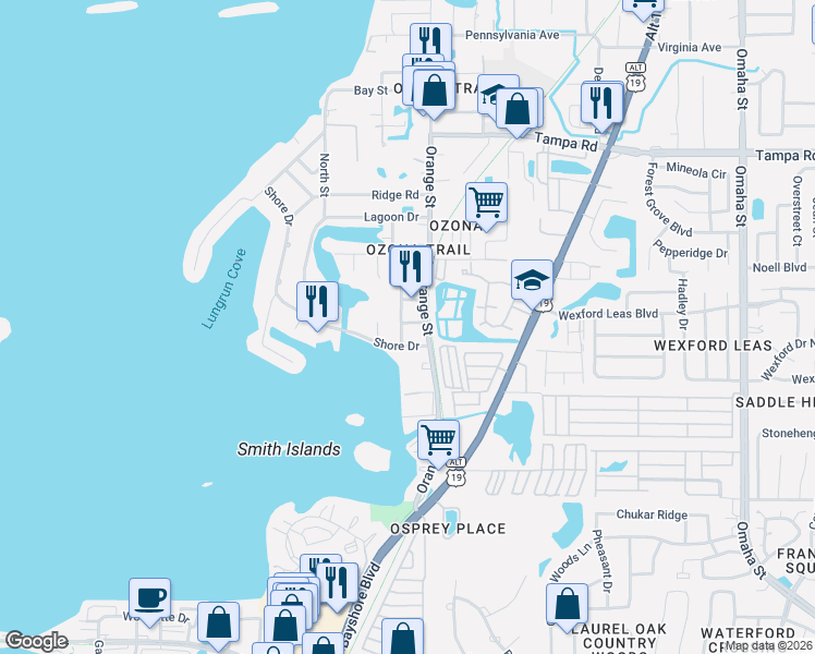map of restaurants, bars, coffee shops, grocery stores, and more near 467 North Carolina Avenue in Palm Harbor