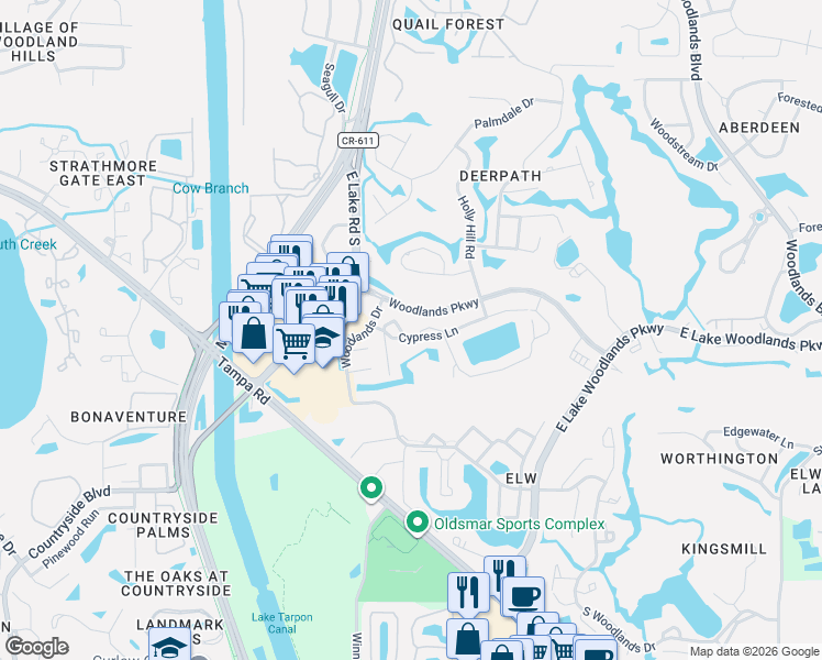 map of restaurants, bars, coffee shops, grocery stores, and more near 118 Cypress Lane in Oldsmar