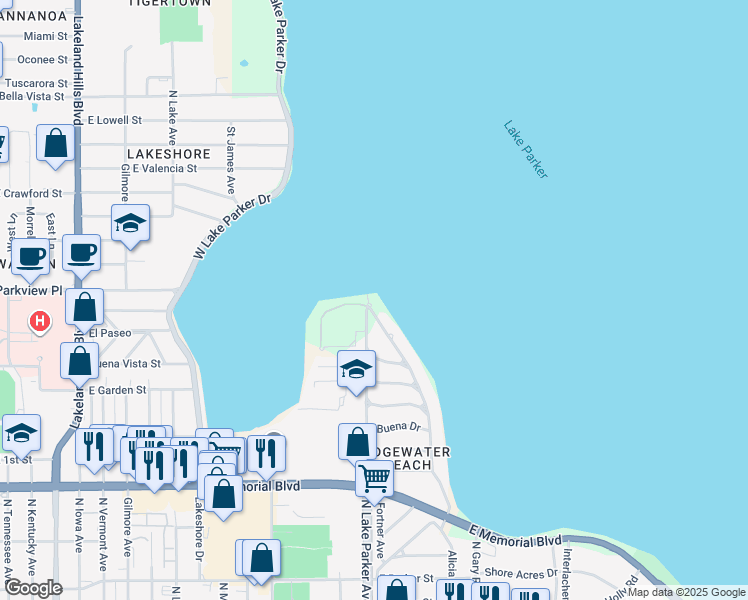 map of restaurants, bars, coffee shops, grocery stores, and more near 1304 Edgewater Beach Drive in Lakeland