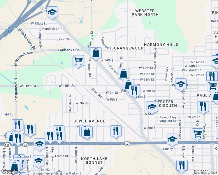 map of restaurants, bars, coffee shops, grocery stores, and more near 1314 West 10th Street in Lakeland