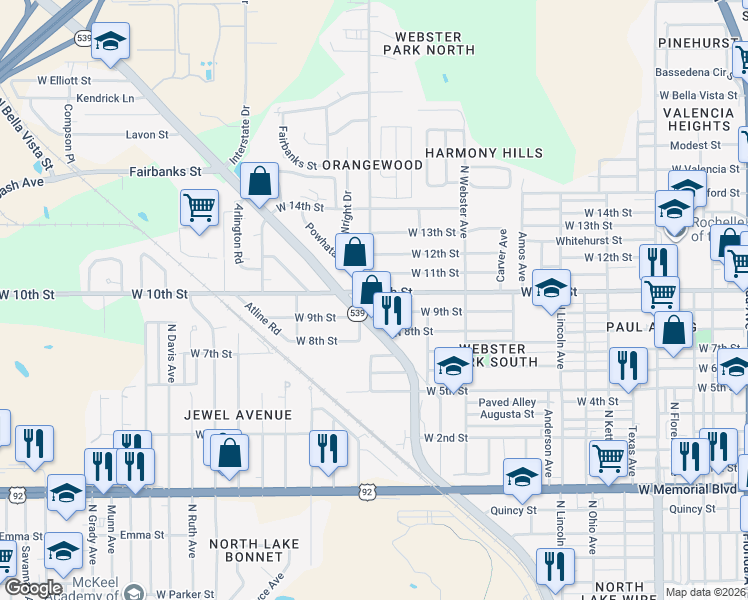map of restaurants, bars, coffee shops, grocery stores, and more near 1146 West 10th Street in Lakeland