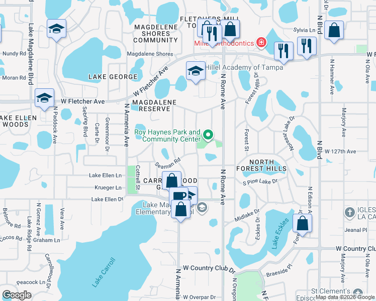map of restaurants, bars, coffee shops, grocery stores, and more near 2011 Seaman Road in Tampa