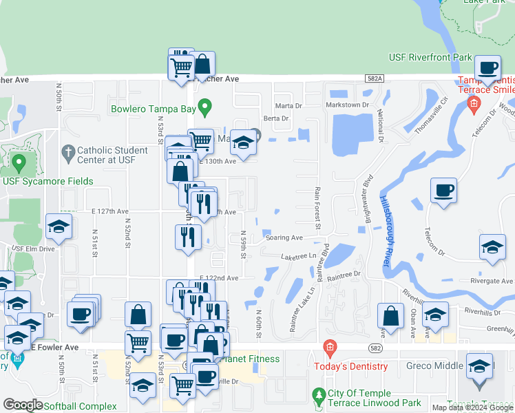 map of restaurants, bars, coffee shops, grocery stores, and more near 6070 Gibson Avenue in Tampa