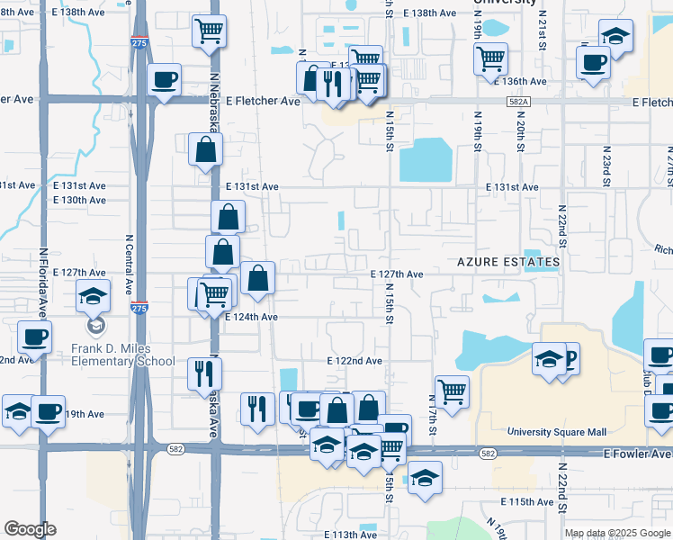 map of restaurants, bars, coffee shops, grocery stores, and more near 12606 Bayou Oaks Place in Tampa