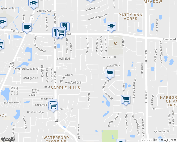 map of restaurants, bars, coffee shops, grocery stores, and more near 491 Hammock Drive in Palm Harbor