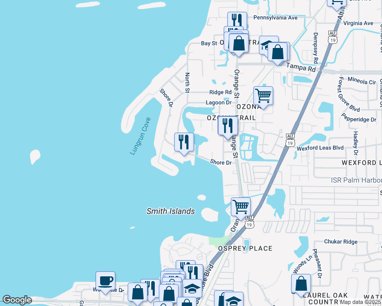 map of restaurants, bars, coffee shops, grocery stores, and more near 139 Shore Drive in Palm Harbor