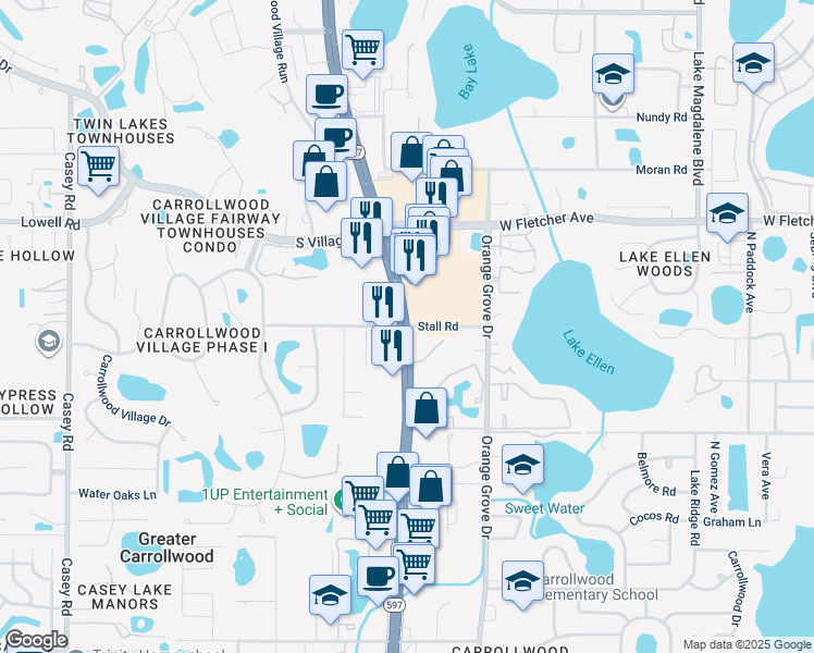 map of restaurants, bars, coffee shops, grocery stores, and more near in Greater Carrollwood