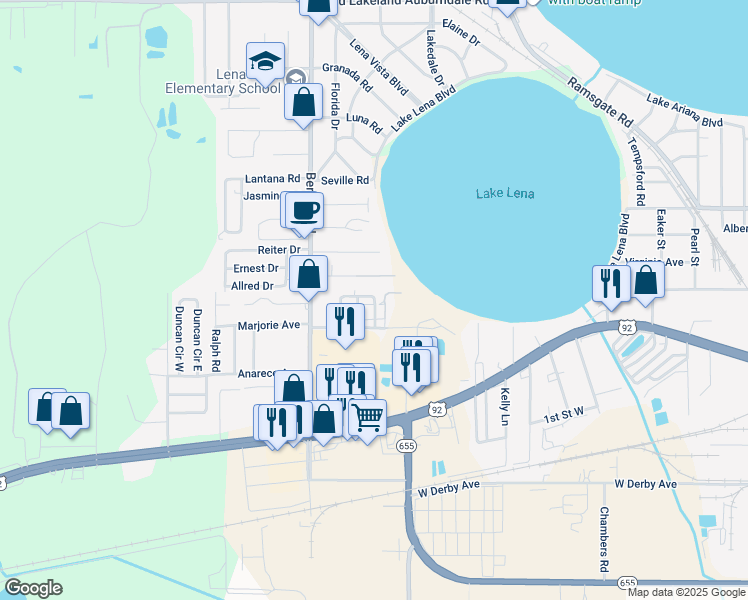 map of restaurants, bars, coffee shops, grocery stores, and more near 2240 Bordeau Court in Auburndale