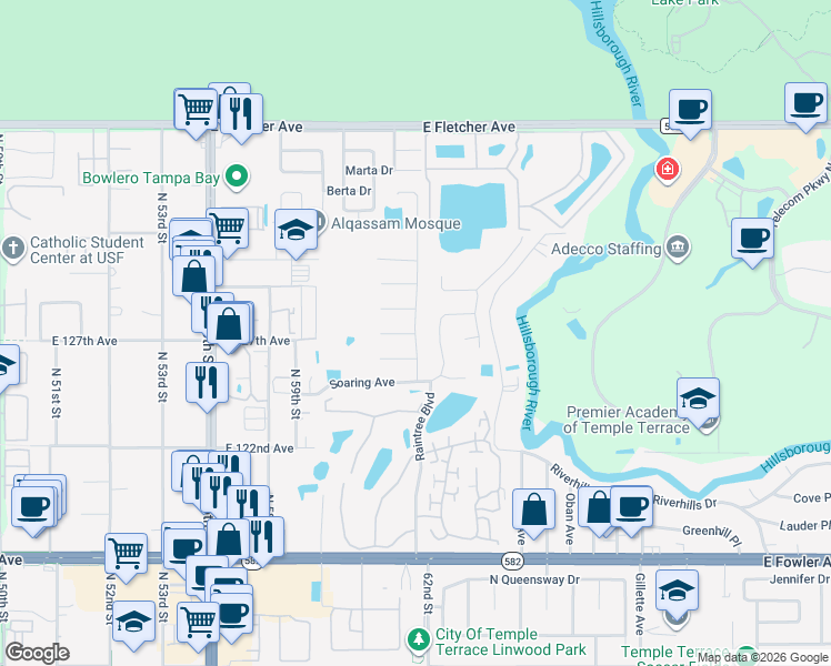 map of restaurants, bars, coffee shops, grocery stores, and more near 12506 Rain Forest Street in Tampa