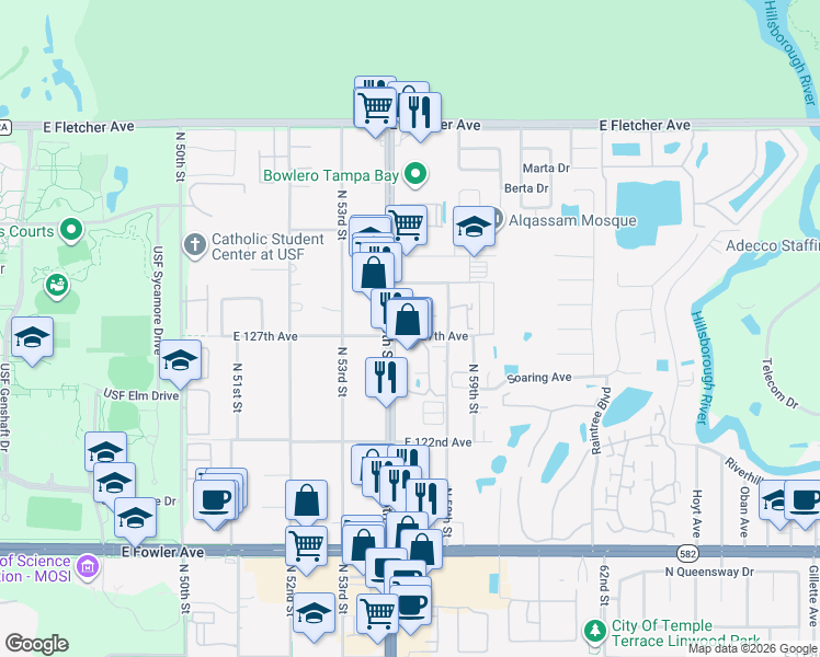 map of restaurants, bars, coffee shops, grocery stores, and more near in Hillsborough County