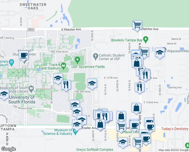 map of restaurants, bars, coffee shops, grocery stores, and more near 5039 Bordeaux Village Place in Tampa