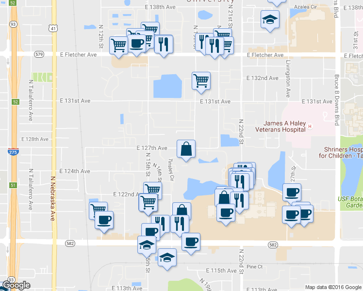 map of restaurants, bars, coffee shops, grocery stores, and more near 1702 East 127th Avenue in Tampa