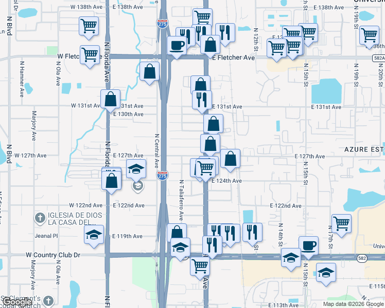 map of restaurants, bars, coffee shops, grocery stores, and more near 813 East 127th Avenue in Tampa