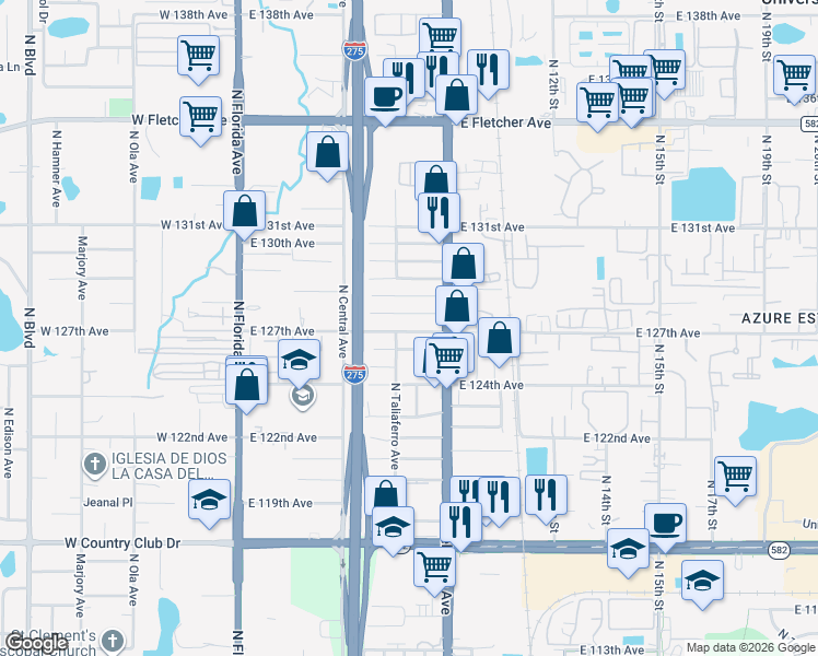 map of restaurants, bars, coffee shops, grocery stores, and more near 812 East 127th Avenue in Tampa