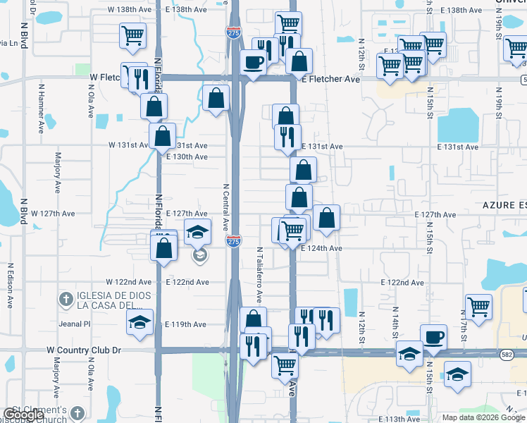 map of restaurants, bars, coffee shops, grocery stores, and more near 710 East 127th Avenue in Tampa