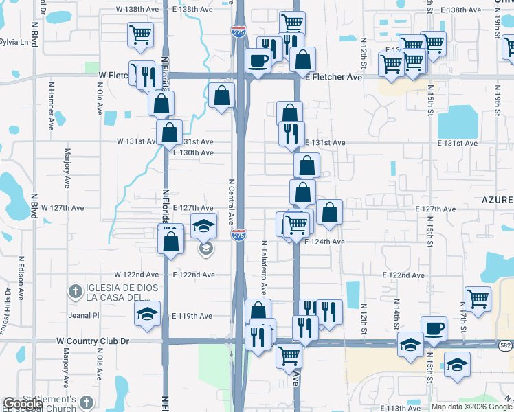 map of restaurants, bars, coffee shops, grocery stores, and more near 710 East 127th Avenue in Tampa