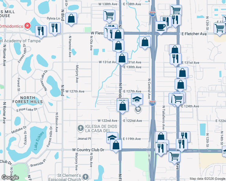 map of restaurants, bars, coffee shops, grocery stores, and more near 12428 North Florida Avenue in Tampa