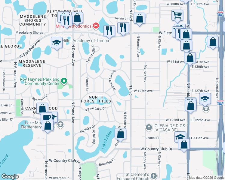 map of restaurants, bars, coffee shops, grocery stores, and more near 12310 Noreast Lake Drive in Tampa