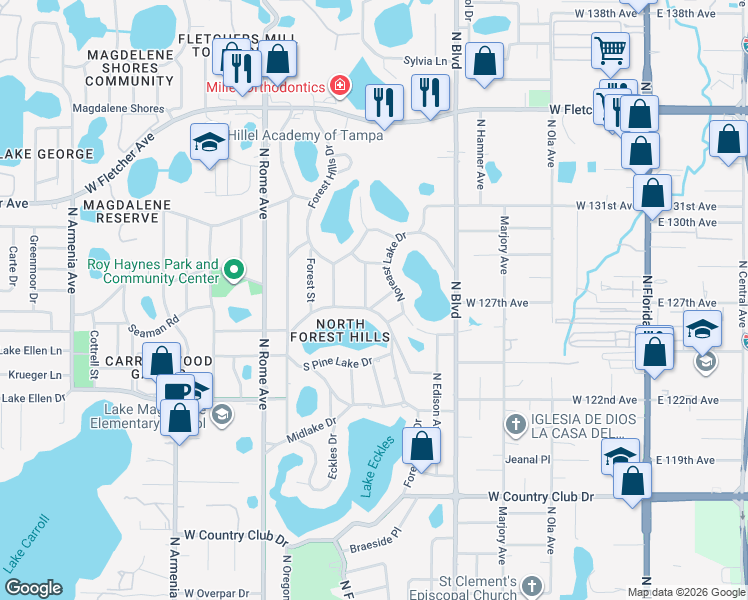map of restaurants, bars, coffee shops, grocery stores, and more near 12702 Summit Street in Tampa